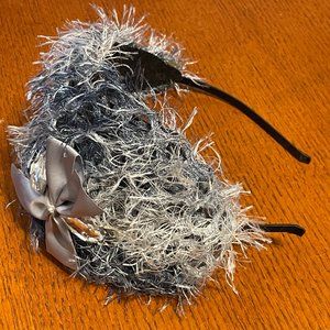 FEATHERED RHINESTONE BLUE GRAY FRINGE HEADBAND HAT FASCINATOR hair accessory
